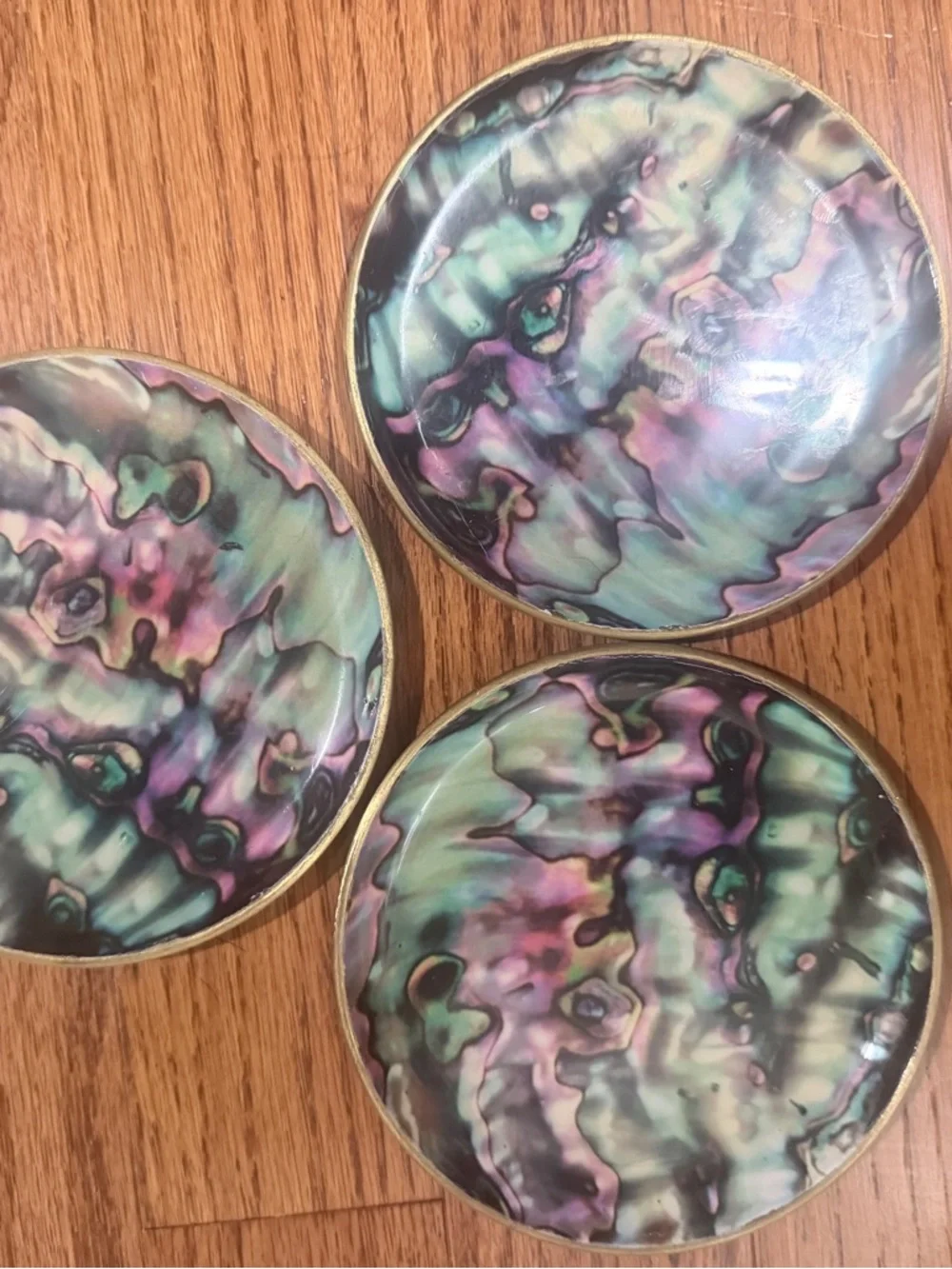 Set of 3 Anthropologie Faux Abalone Pattern Home Art Coasters - Green & Purple